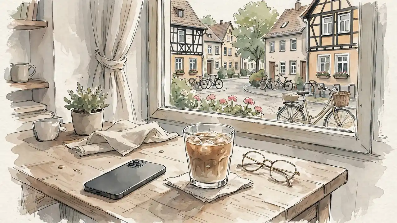 Smartphone auf Tisch in deutscher Wohnung mit Blick auf Straße