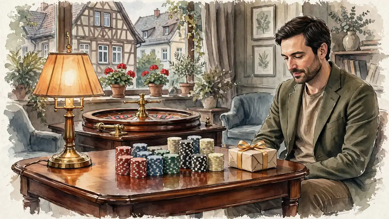 Eleganter Tisch mit Casino-Chips, Roulette-Rad und einem gold verpackten Willkommensgeschenk im warmen Licht.