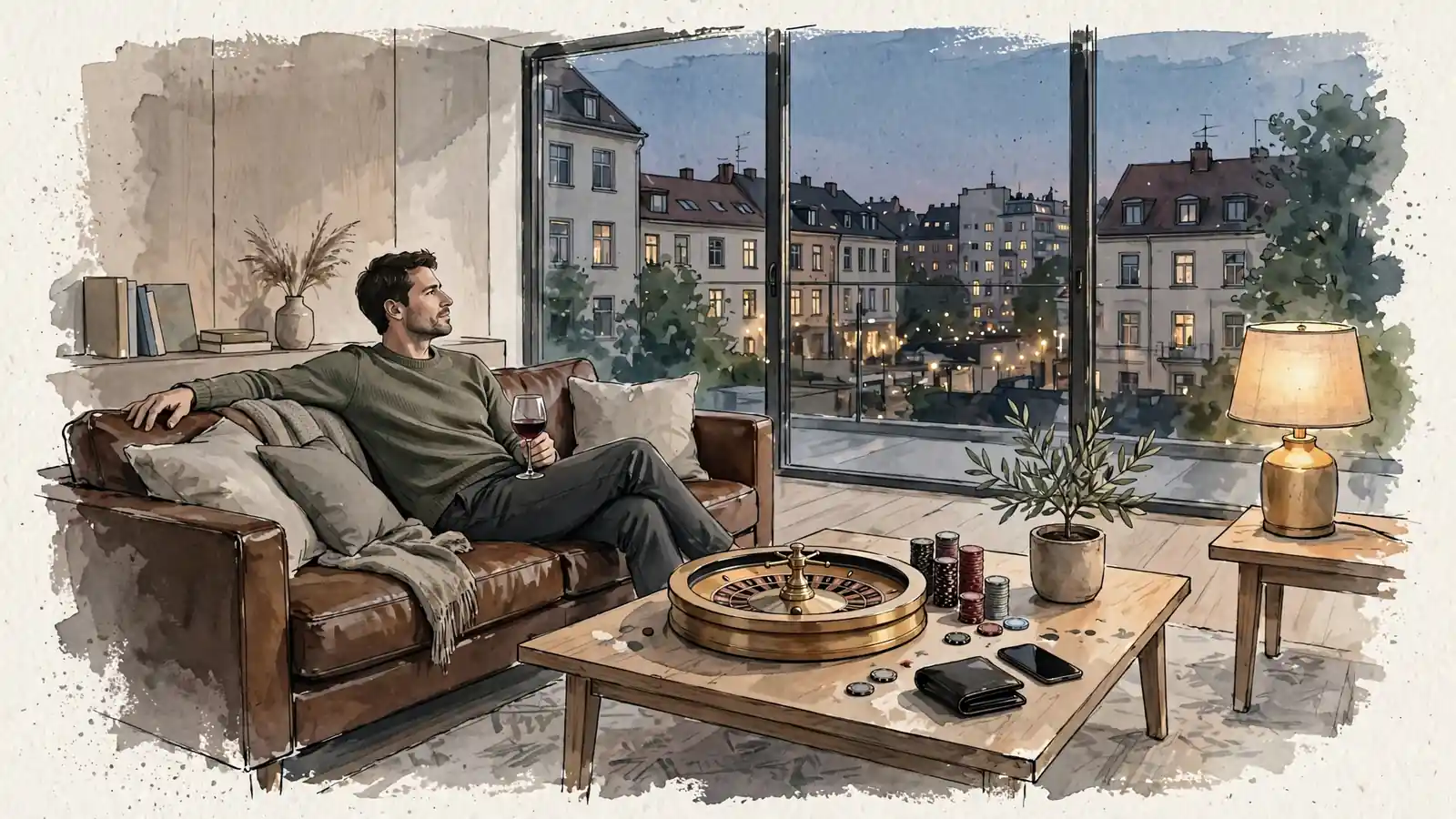 Abendliche Szene im Wohnzimmer mit Roulettekessel und Spielchips auf dem Tisch, entspannter Spieler auf dem Sofa.