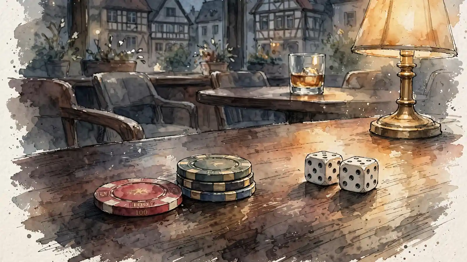 Rote Casino-Chips und Würfel auf einem Tisch im deutschen Spielclub bei warmem Licht.