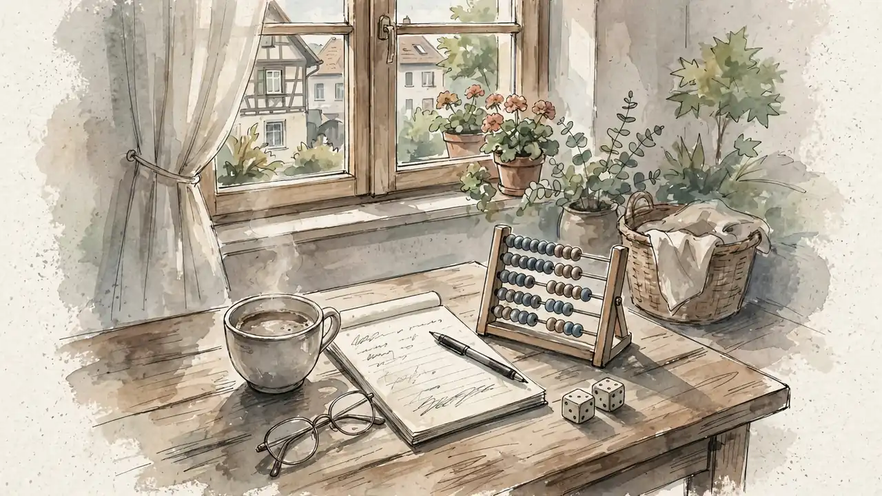 Holzschreibtisch mit Kaffeetasse, Notizbuch, Brille und einem kleinen Abakus bei Tageslicht.