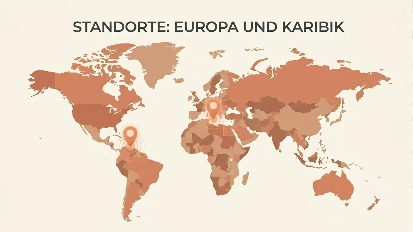 Weltkarte mit Malta und Curaçao hervorgehoben, moderne Infografik-Darstellung, warme Farben, minimalistischer Stil