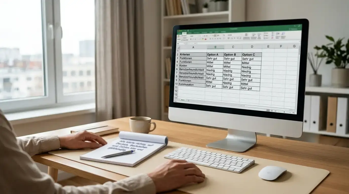 Desktop-Computer mit Vergleichstabelle und Notizen auf dem Schreibtisch