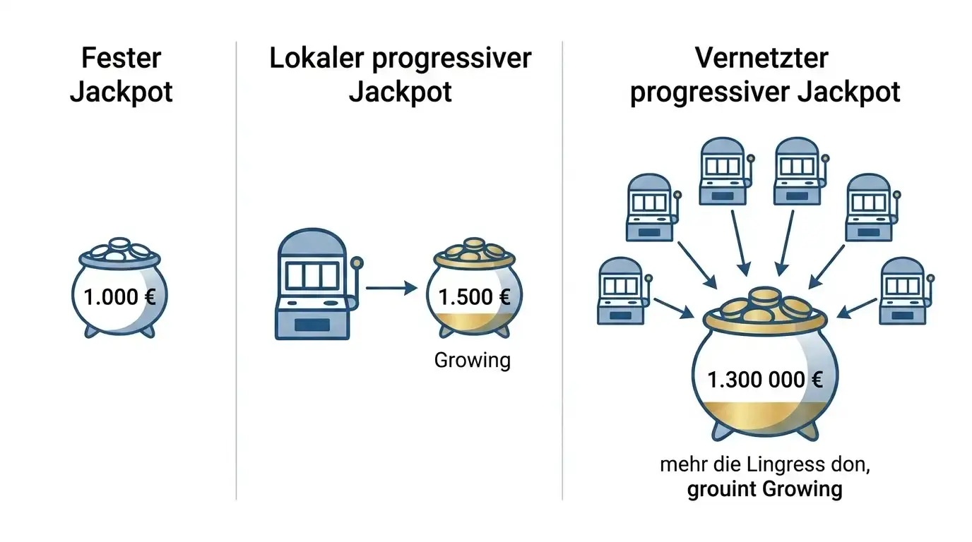 Vergleich der drei Jackpot-Typen fester, lokaler und vernetzter progressiver Automaten als Schaubild