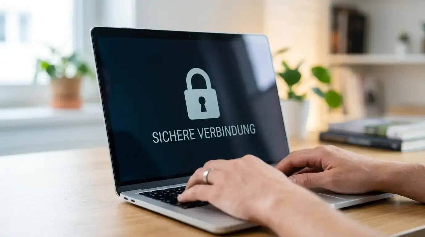 Laptop zeigt ein Schloss-Symbol für eine sichere Verbindung, Hände auf der Tastatur