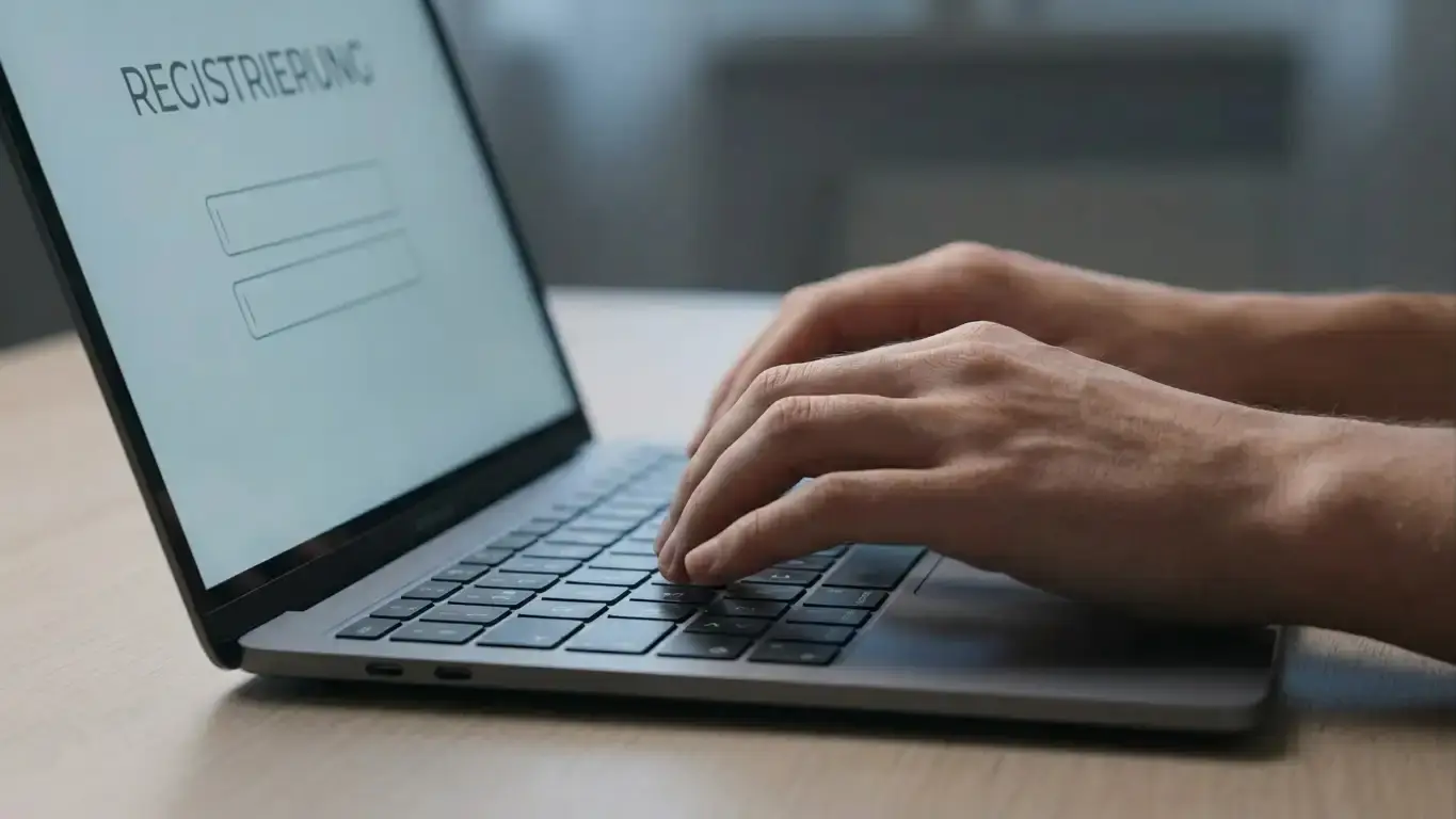 Person registriert sich am Laptop bei einem Krypto-Casino nur mit E-Mail, ohne Ausweis