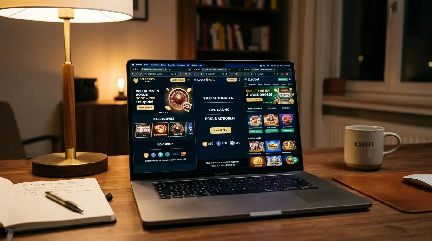 Laptop mit Casino-Interface zeigt mehrere Krypto-Casino-Startseiten in geöffneten Browser-Tabs