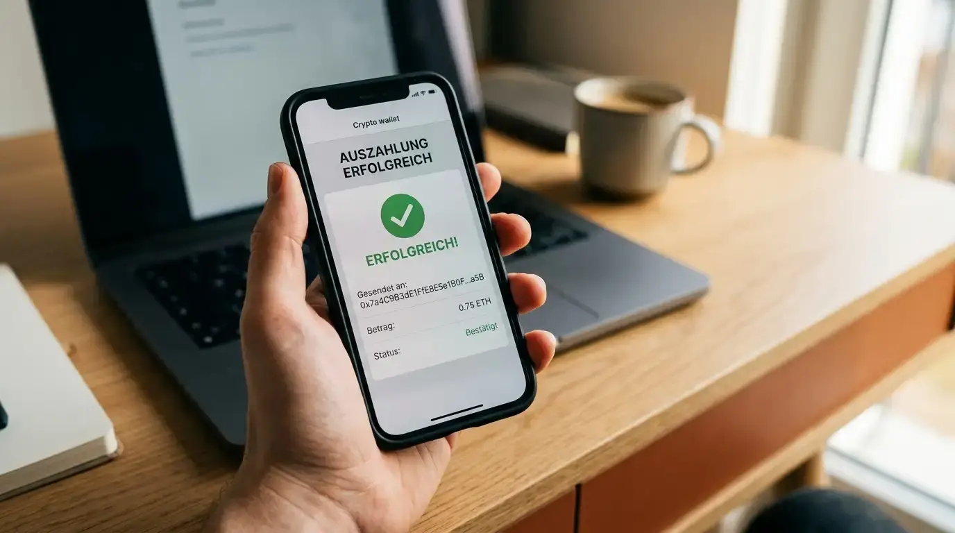 Smartphone zeigt eine Krypto-Wallet mit bestätigter Blockchain-Transaktion ohne Dokumenten-Upload