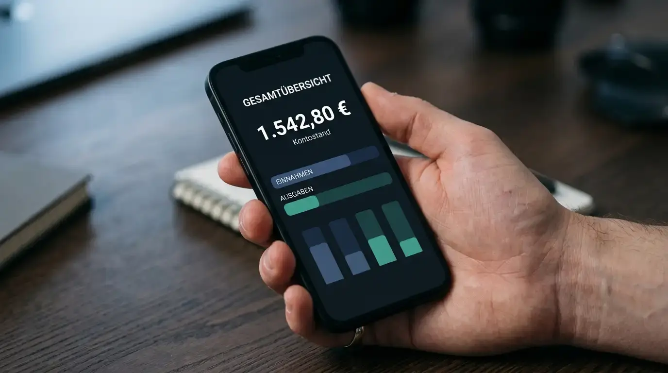 Nahaufnahme einer Hand mit Smartphone, das eine neutrale Guthaben-Übersicht ohne Markenlogos zeigt