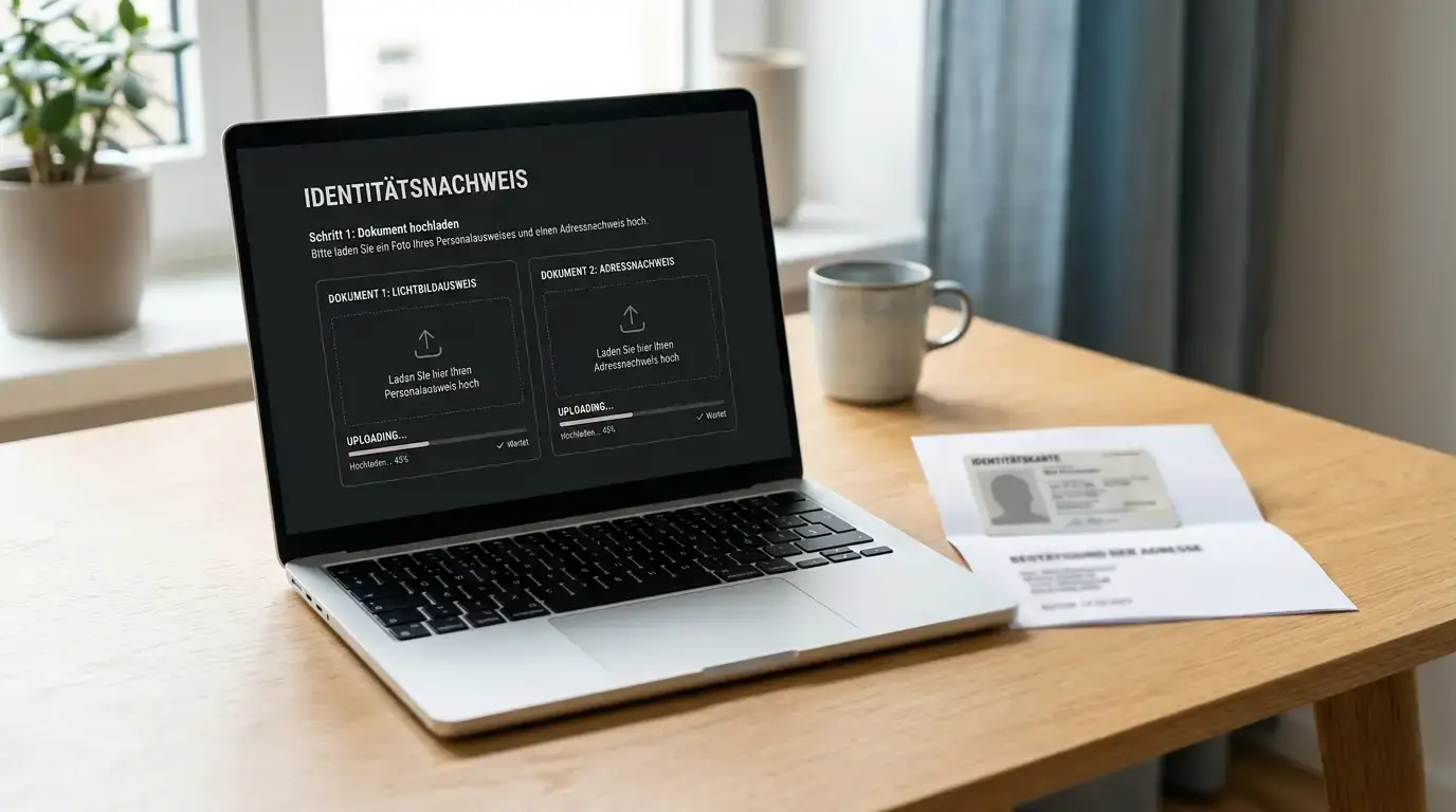 Neutrale Dokumentenprüfung: Ausweis und Adressnachweis werden per Laptop für die KYC-Verifizierung hochgeladen