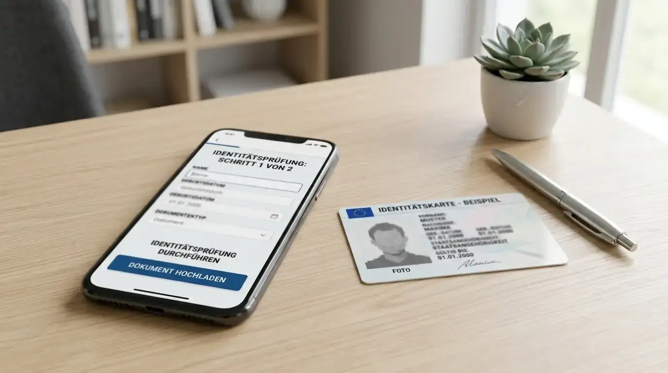 Smartphone mit Ausweisdokument daneben auf einem Schreibtisch, Bildschirm zeigt KYC-Verifizierungsformular