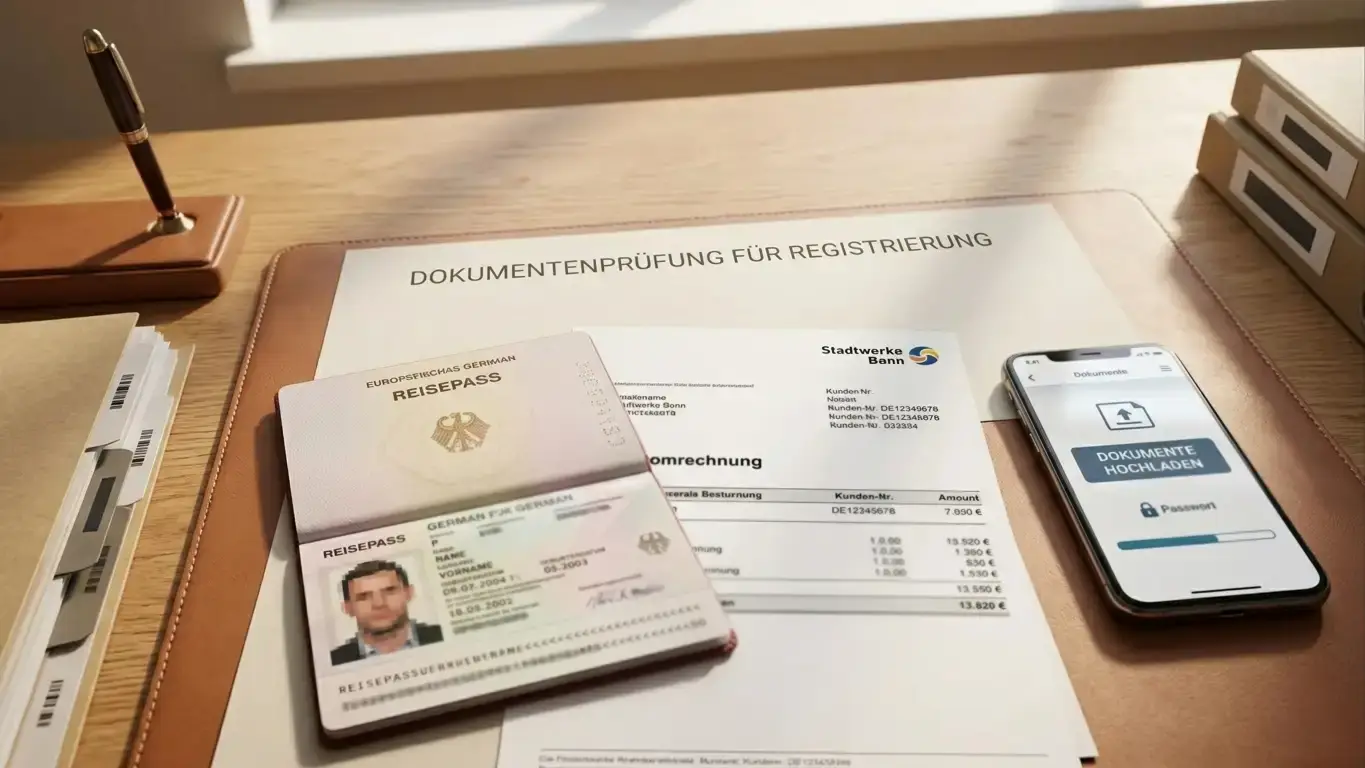 Schreibtisch mit Pass, Dokumenten und Smartphone mit Upload-Interface
