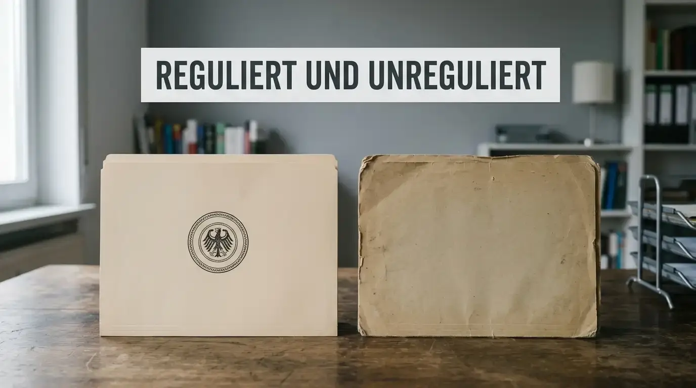 Zwei gegenübergestellte Aktenmappen als Sinnbild für legale und unregulierte Angebote