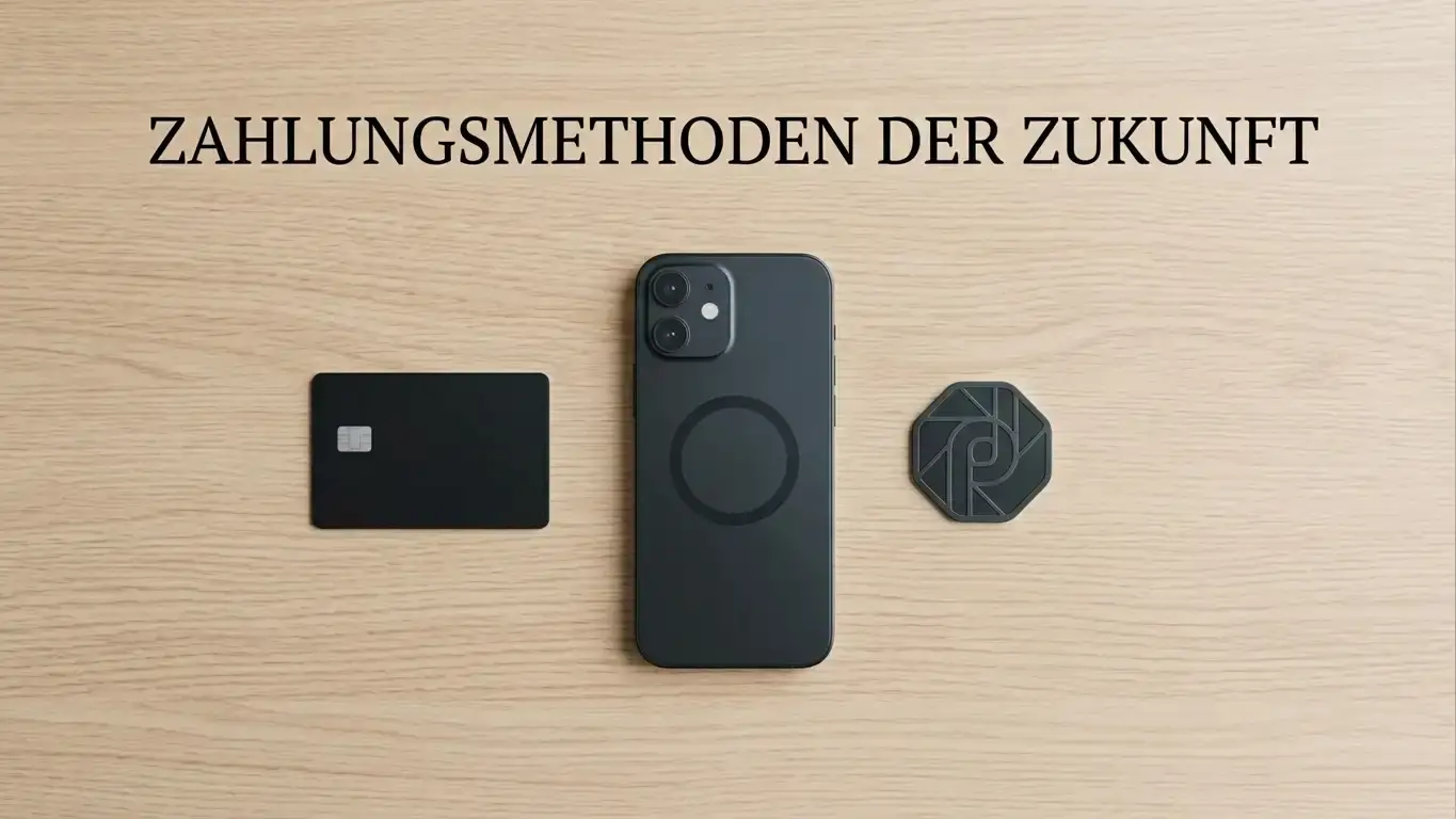 Verschiedene symbolische Zahlungswege nebeneinander auf einem aufgeräumten Tisch