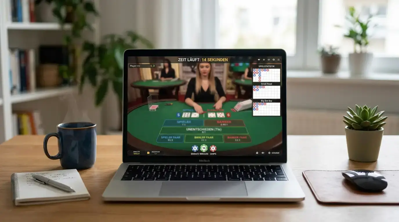 Bildschirm mit einer Live-Baccarat-Übertragung, eingeblendeten Einsatzfeldern und Statistiktafeln am Rand