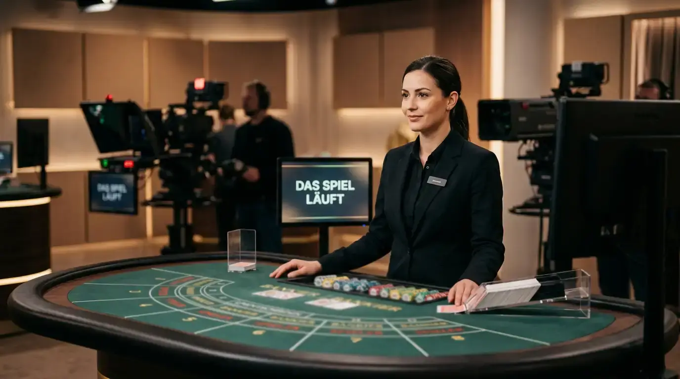Live-Casino-Studio mit einer Croupier-Person an einem Baccarat-Tisch unter warmem Studiolicht