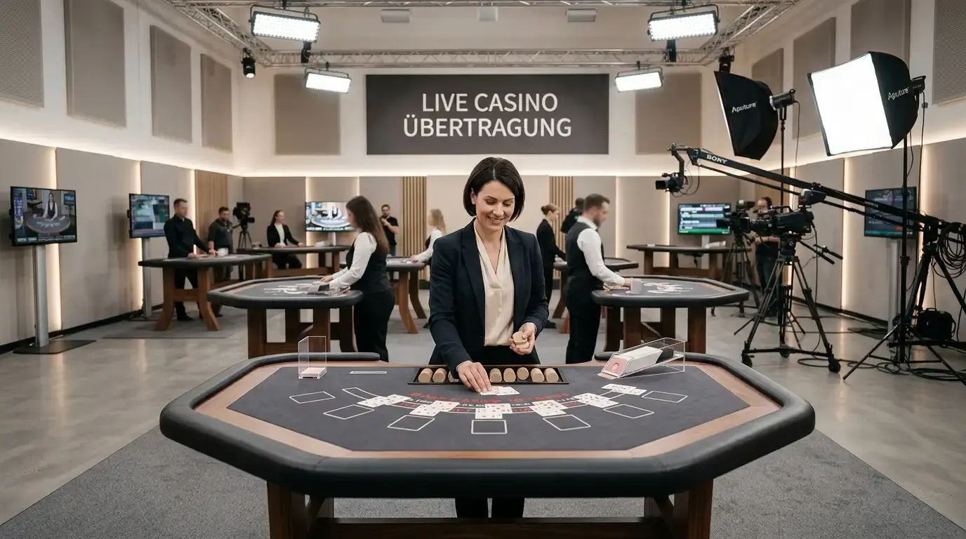 Live-Casino-Studio mit mehreren Blackjack-Tischen und Kameratechnik im Hintergrund