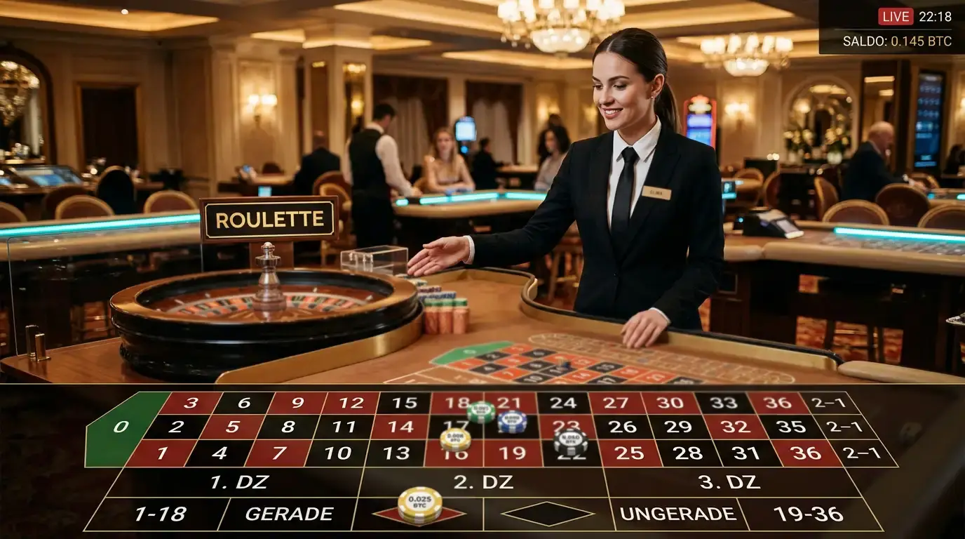 Live-Casino-Studio mit Roulette-Tisch und Croupier, im Bildvordergrund Interface mit Einsatzoptionen in BTC