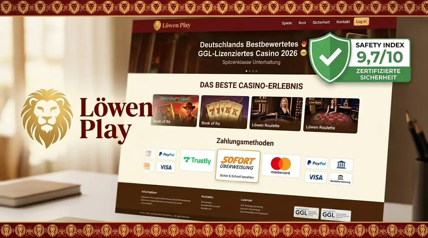 Löwen Play Casino-Lobby mit Safety Index 9,7/10 Badge und hervorgehobenen Trustly/Sofortüberweisung-Zahlungsoptionen