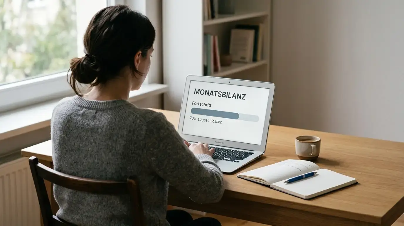 Person prüft an einem aufgeräumten Schreibtisch das monatliche Einzahlungslimit auf einem Bildschirm