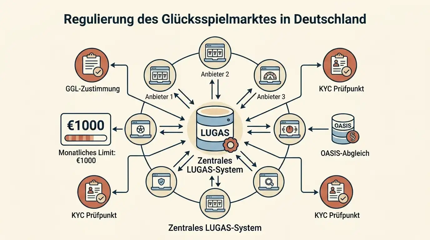 Konzeptdiagramm zeigt LUGAS-System mit zentraler Datenbank, mehrere Casino-Icons verbunden durch Datenleitungen, €1000-Limit-Anzeige prominent, OASIS-Selbstausschluss-Symbol, warme Infografik-Ästhetik