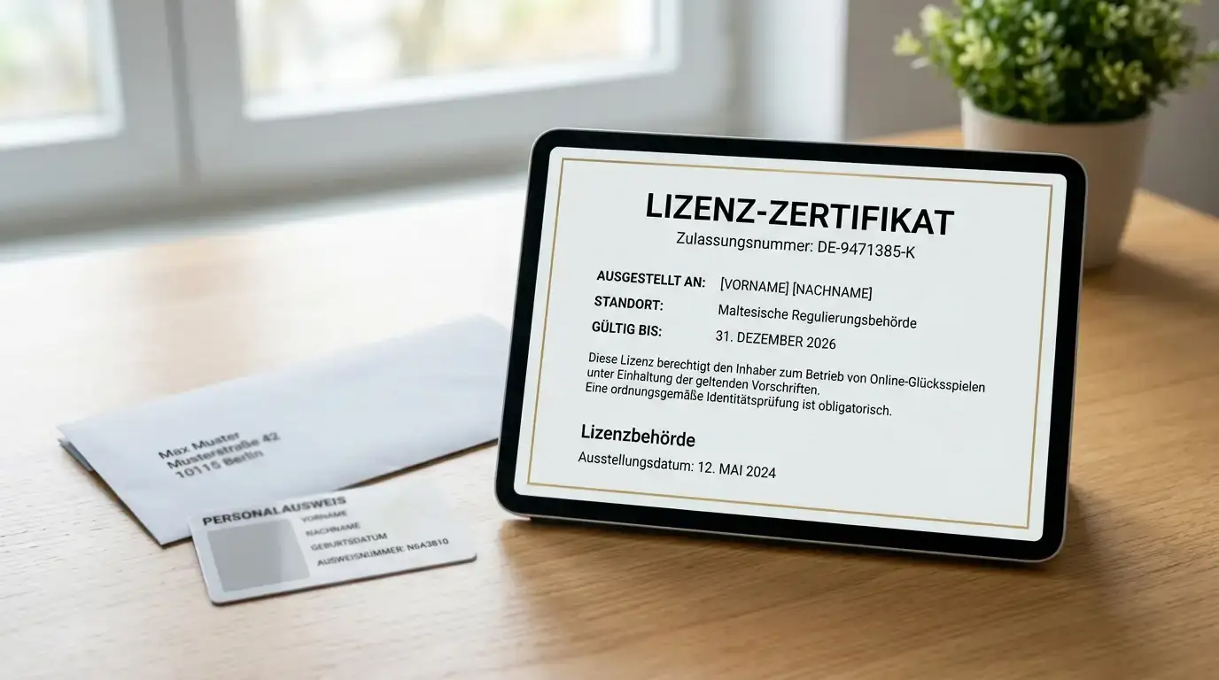 Lizenzsiegel der Malta Gaming Authority auf einem Tablet, daneben ein Ausweis für die KYC-Verifizierung