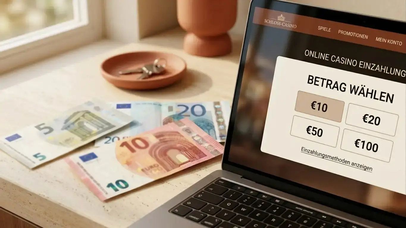 Fünf-, Zehn- und Zwanzig-Euro-Scheine neben einem Laptop mit Einzahlungsseite