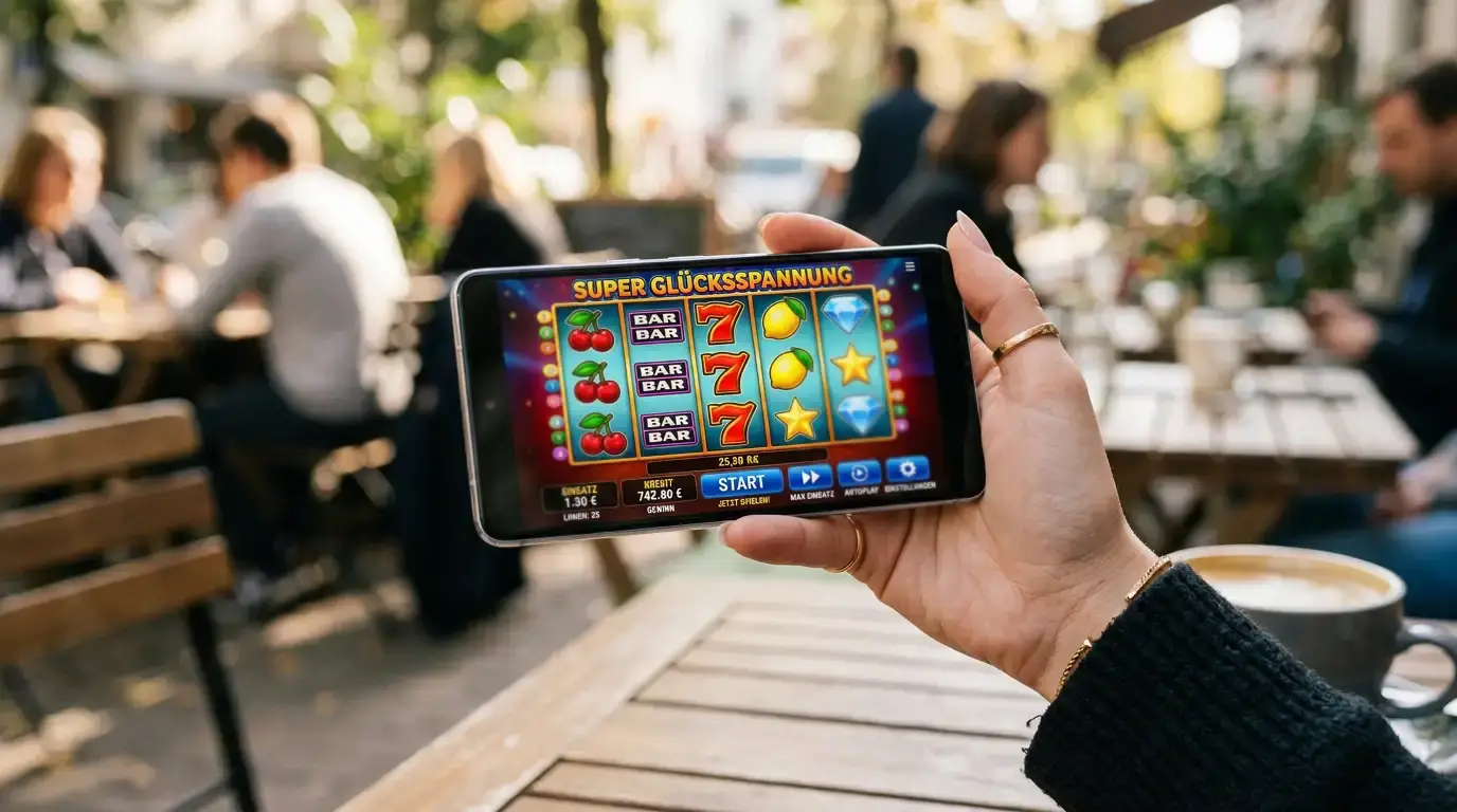 Hand hält Smartphone mit Casino-Spiel im Querformat, natürliches Tageslicht, modernes Café-Setting im Hintergrund verschwommen