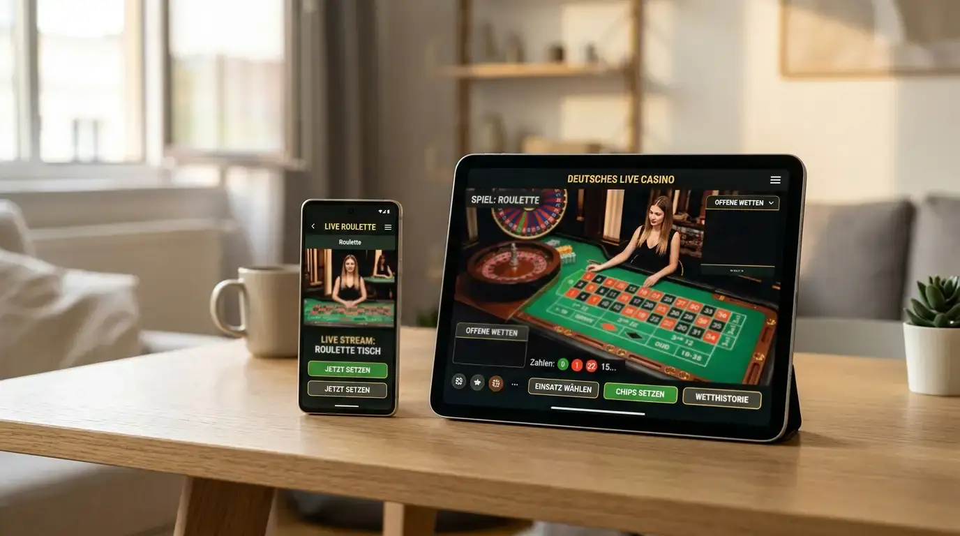 Smartphone und Tablet zeigen Live-Casino-Interface auf minimalistischem Schreibtisch