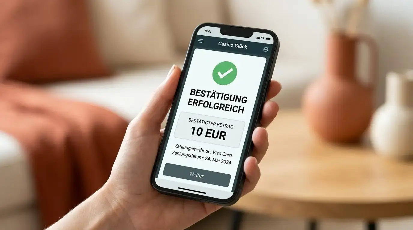 Hand hält Smartphone mit geöffneter Casino-App und Zahlungsbestätigung