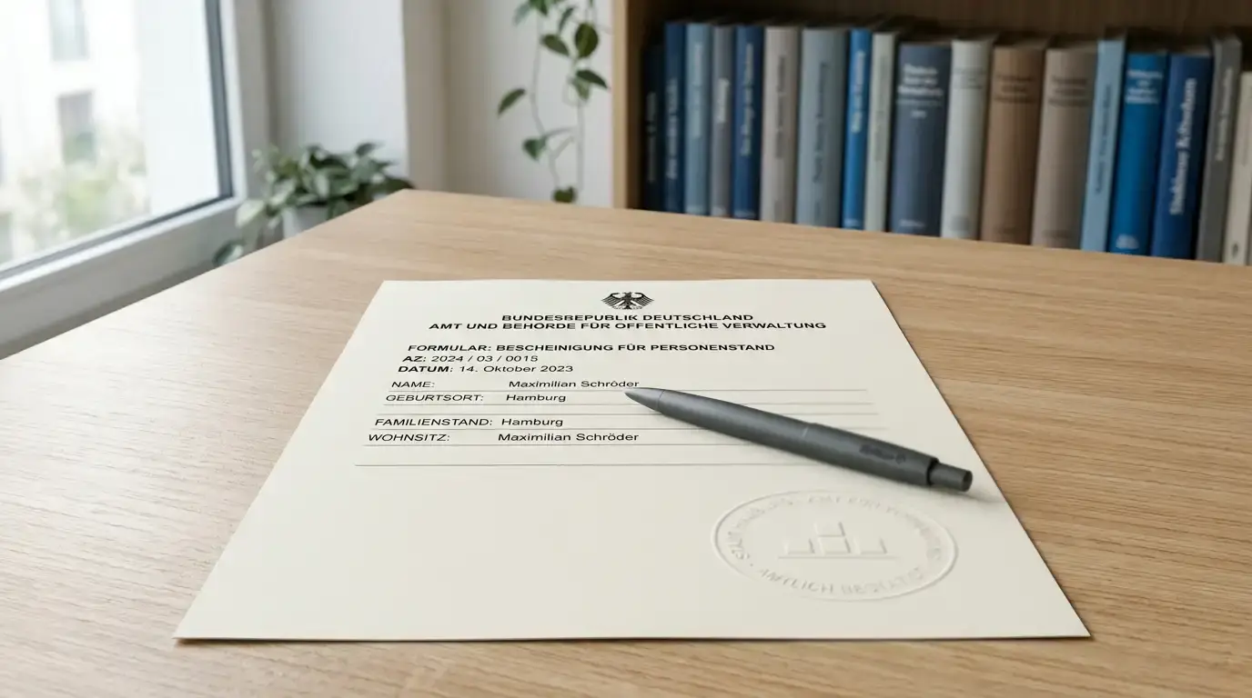 Neutrales Lizenzdokument mit Stempel auf einem aufgeräumten Schreibtisch