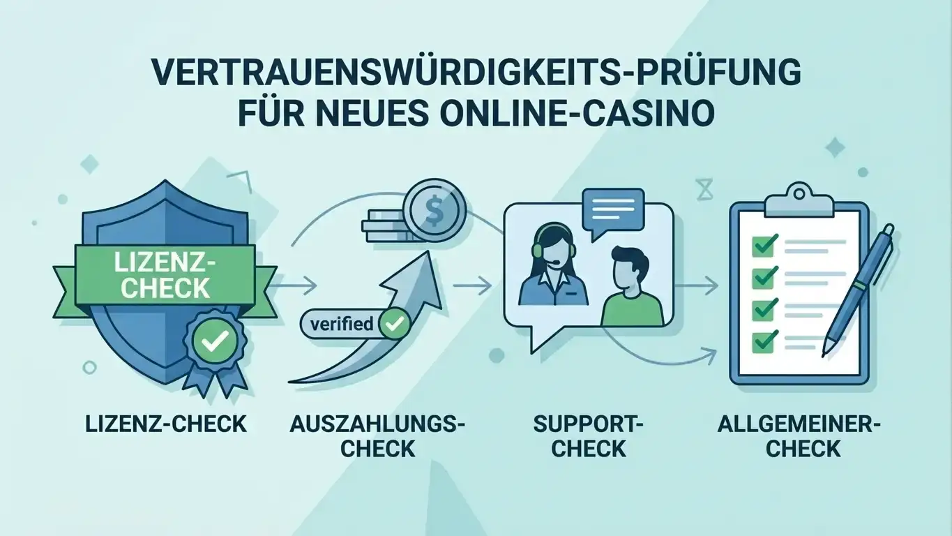 Prüfschritte für ein seriöses neues Online-Casino mit Symbolen für Lizenz, transparente Bedingungen und Auszahlungstest