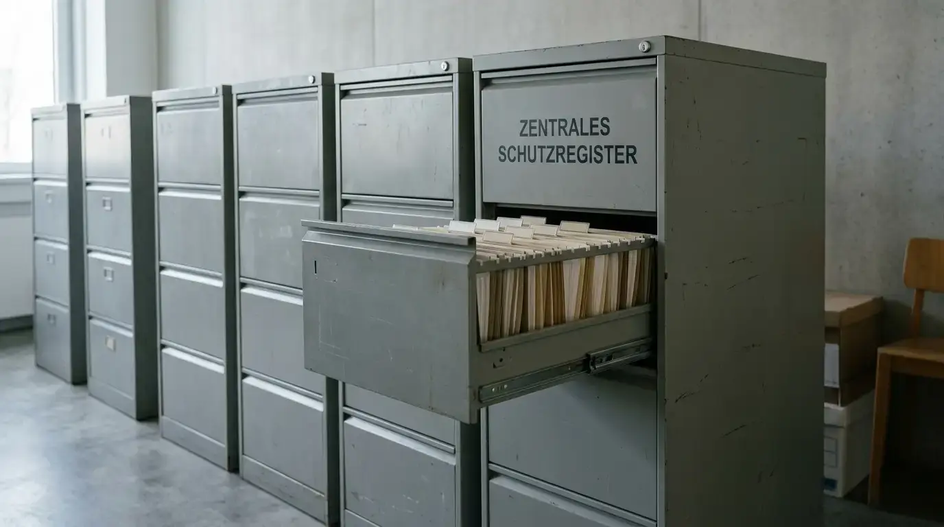Aktenschrank mit Dokumenten als Sinnbild für zentrale Sperr- und Kontrollsysteme