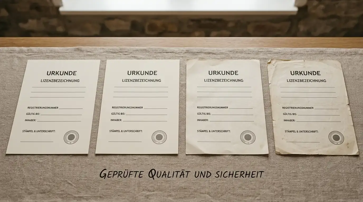 Vier Lizenzdokumente ohne Wappen nebeneinander auf einem Tisch, symbolisch für unterschiedliche Aufsichtsbehörden