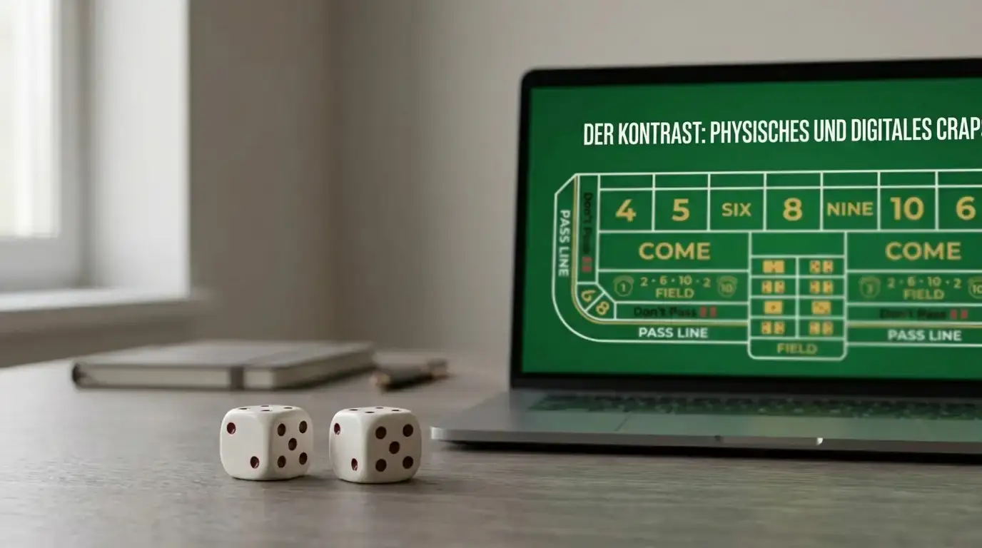 Zwei Würfel neben einem Bildschirm mit digitalem Craps-Layout als Sinnbild für den Zufallsgenerator