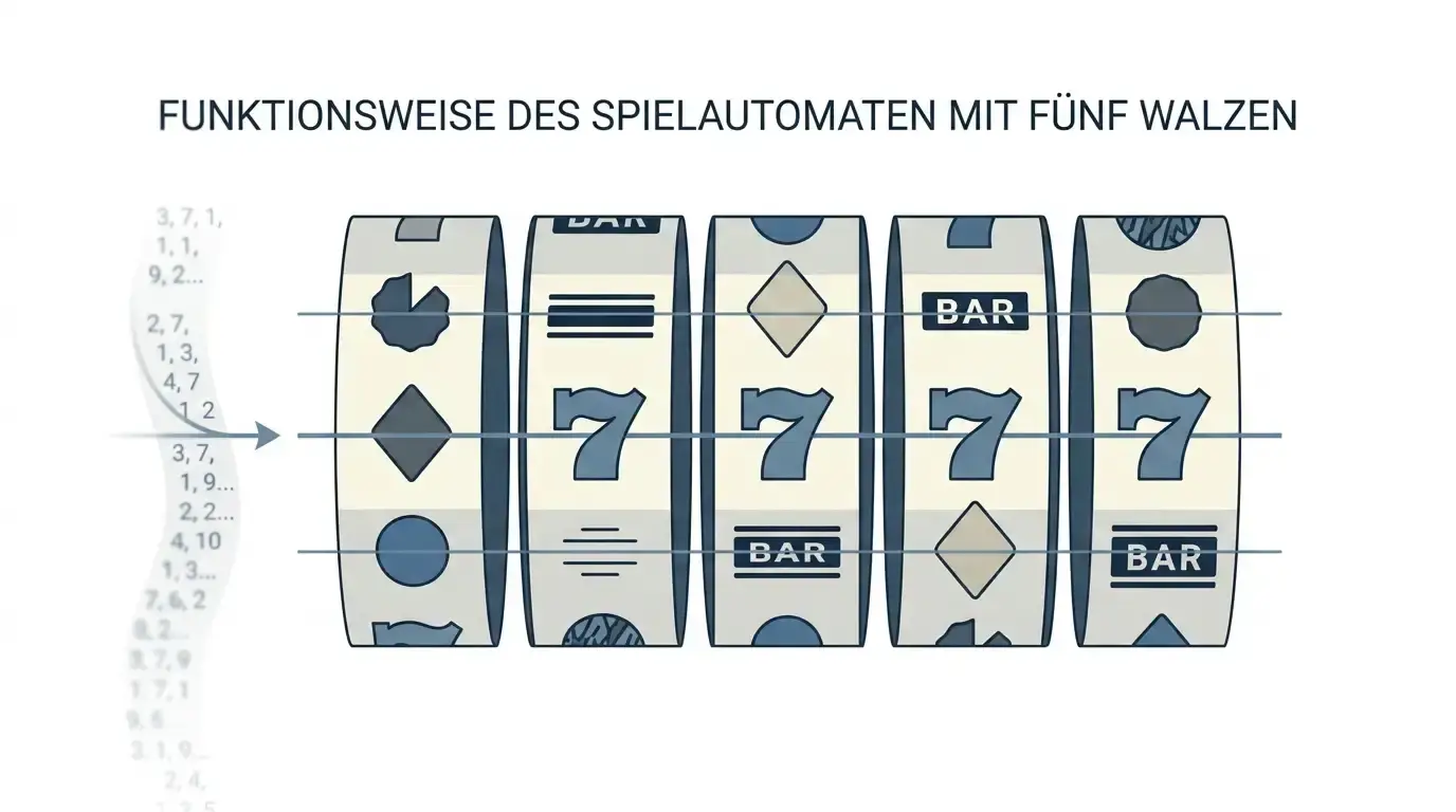 Schematische Darstellung von Walzen, Gewinnlinien und Sondersymbolen eines Online-Slots