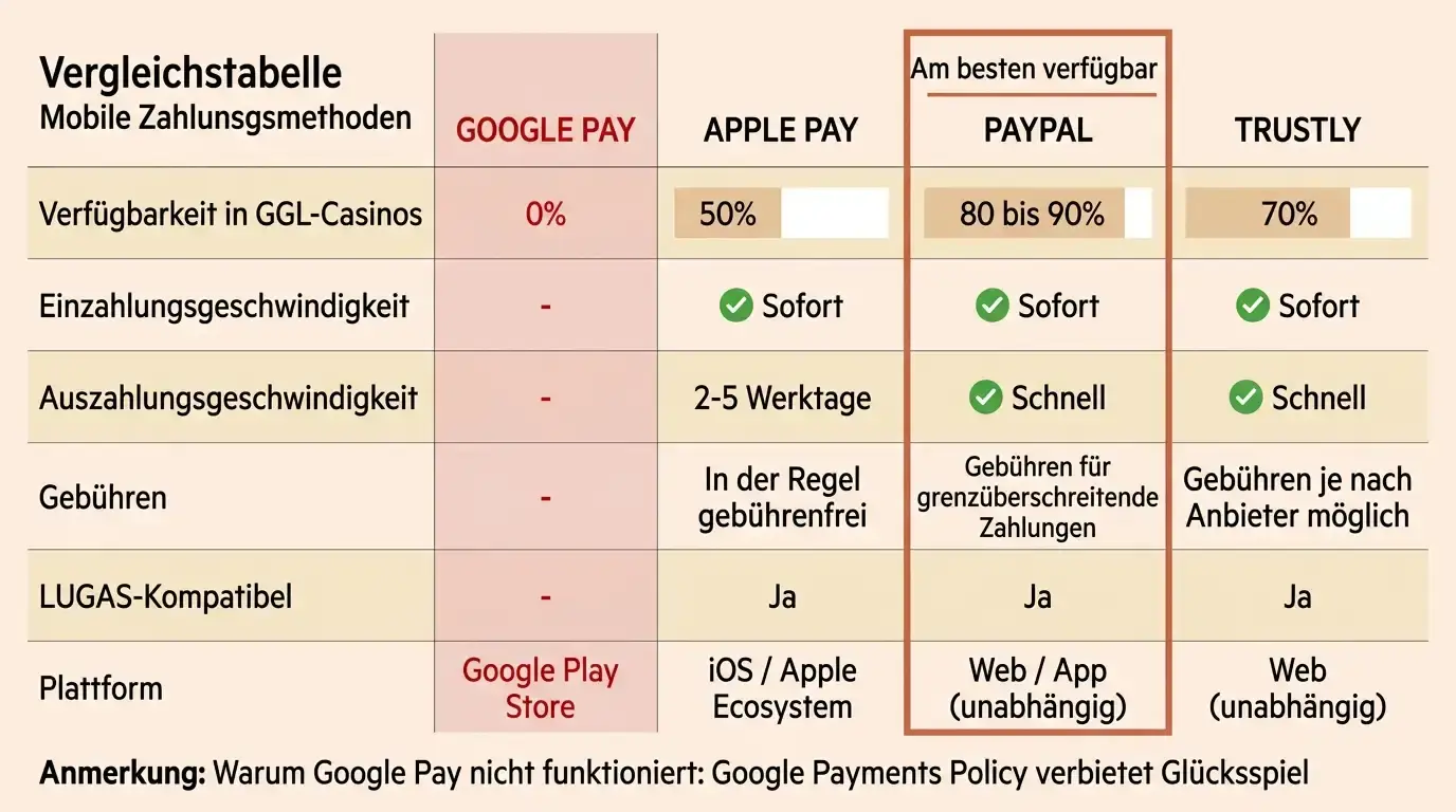 Methodenvergleich — Google Pay vs Apple Pay vs PayPal vs Trustly