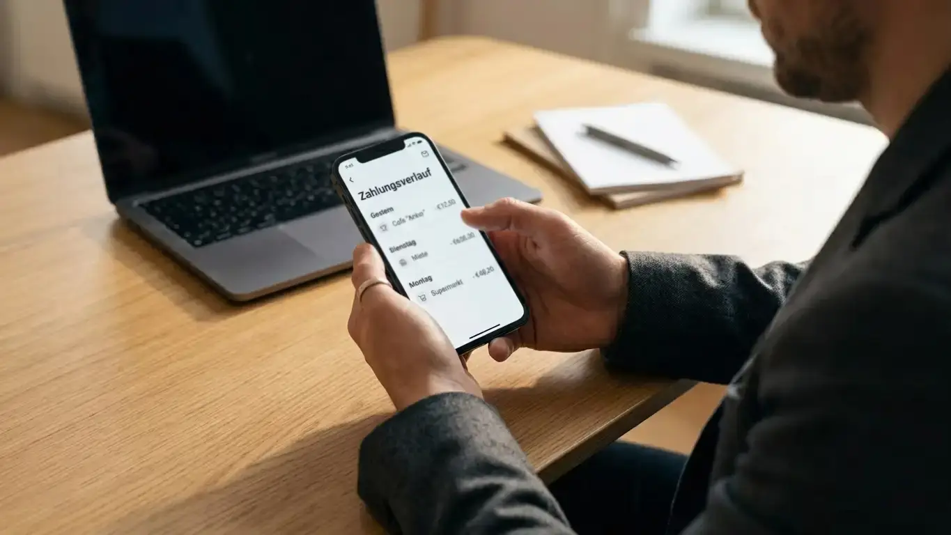 Person am Schreibtisch mit Smartphone und Payment-App