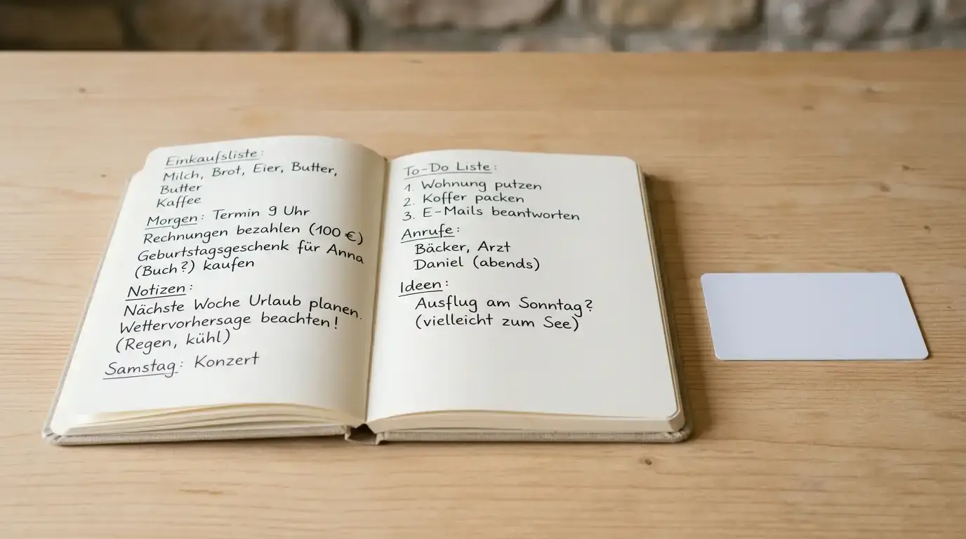 Aufgeschlagenes Notizbuch mit handschriftlicher Aufstellung kleiner Einzahlungsbeträge neben einem Prepaid-Gutschein ohne Aufdruck