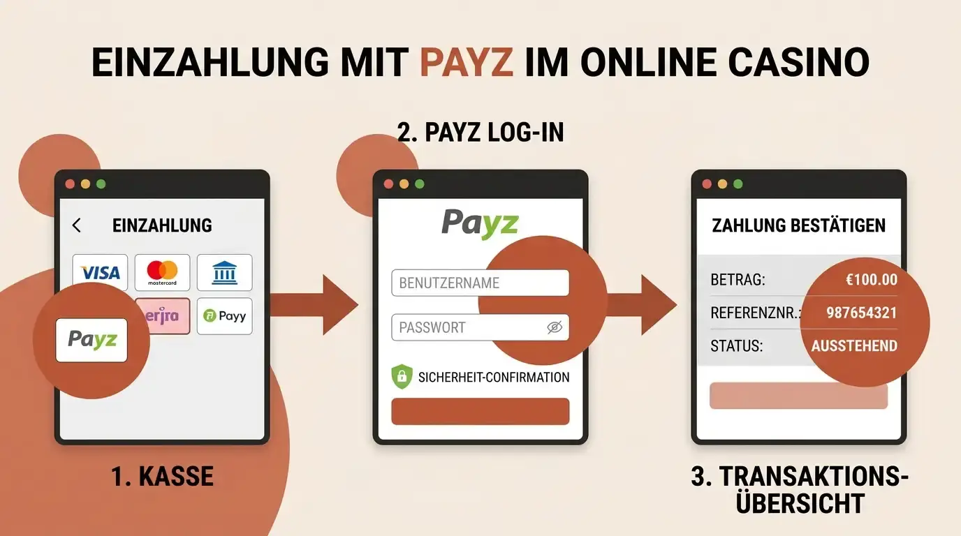 Schrittweiser Prozessablauf Payz-Einzahlung, annotierte Bildschirmausschnitte Casino-Kasse mit IBAN und Transaktionsreferenz, Pfeil zu Online-Banking-Interface mit kopiertem Referenzcode, TAN-Authentifizierung, warme Infografik-Ästhetik