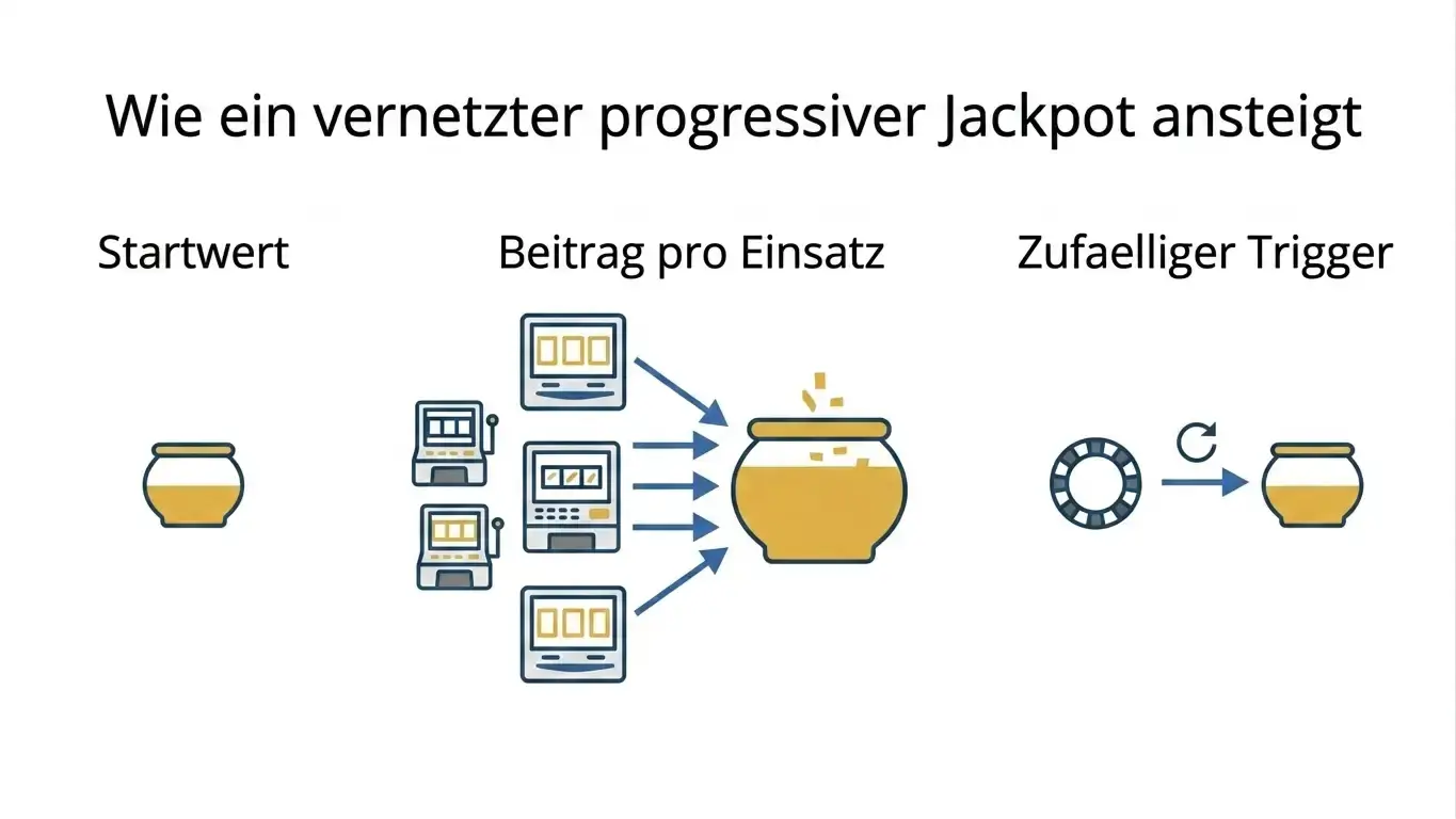 Schaubild, wie ein progressiver Jackpot aus Startwert, laufenden Beiträgen und Zufallstrigger entsteht