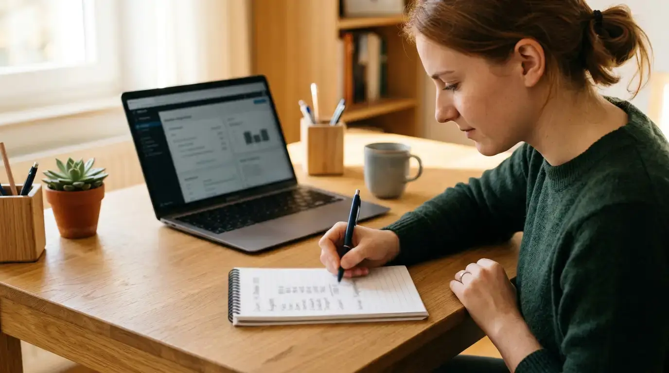 Person berechnet den realen Wert eines Startguthabens mit Stift und Notizblock