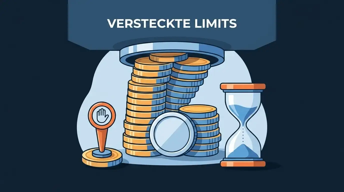 Reale Grenzen eines umsatzfreien Bonus mit Symbolen für Höchstauszahlung, Maximaleinsatz und Zeitfrist