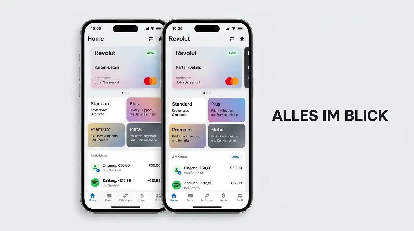 Ansicht der Revolut-App mit virtueller Karte, Kontostufen und Transaktionsmeldung