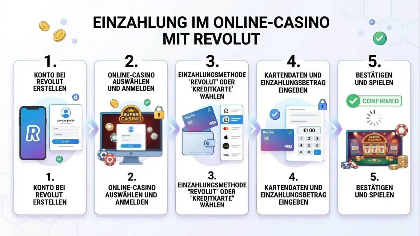 Ablaufdiagramm einer Casino-Einzahlung mit Revolut-Karte in nummerierten Schritten
