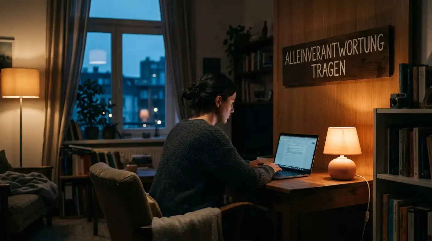 Person mit nachdenklichem Blick vor einem Laptop in abendlicher Wohnung, symbolisch für Risiken und Eigenverantwortung