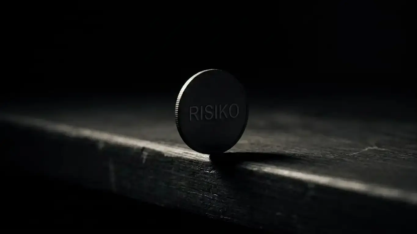 Ein einzelner Spielchip ohne Aufdruck balanciert auf der Kante eines Tisches vor dunklem Hintergrund