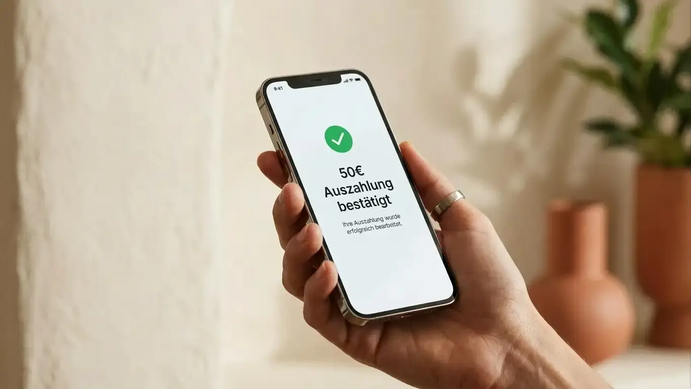 Smartphone zeigt eine bestätigte Auszahlung über fünfzig Euro