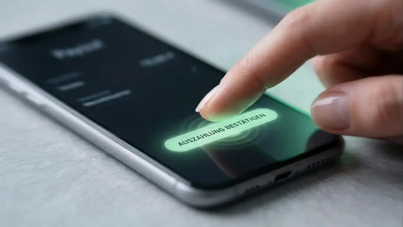 Nahaufnahme einer Hand am Smartphone, die eine anonyme Auszahlung in einem Krypto-Casino anstößt