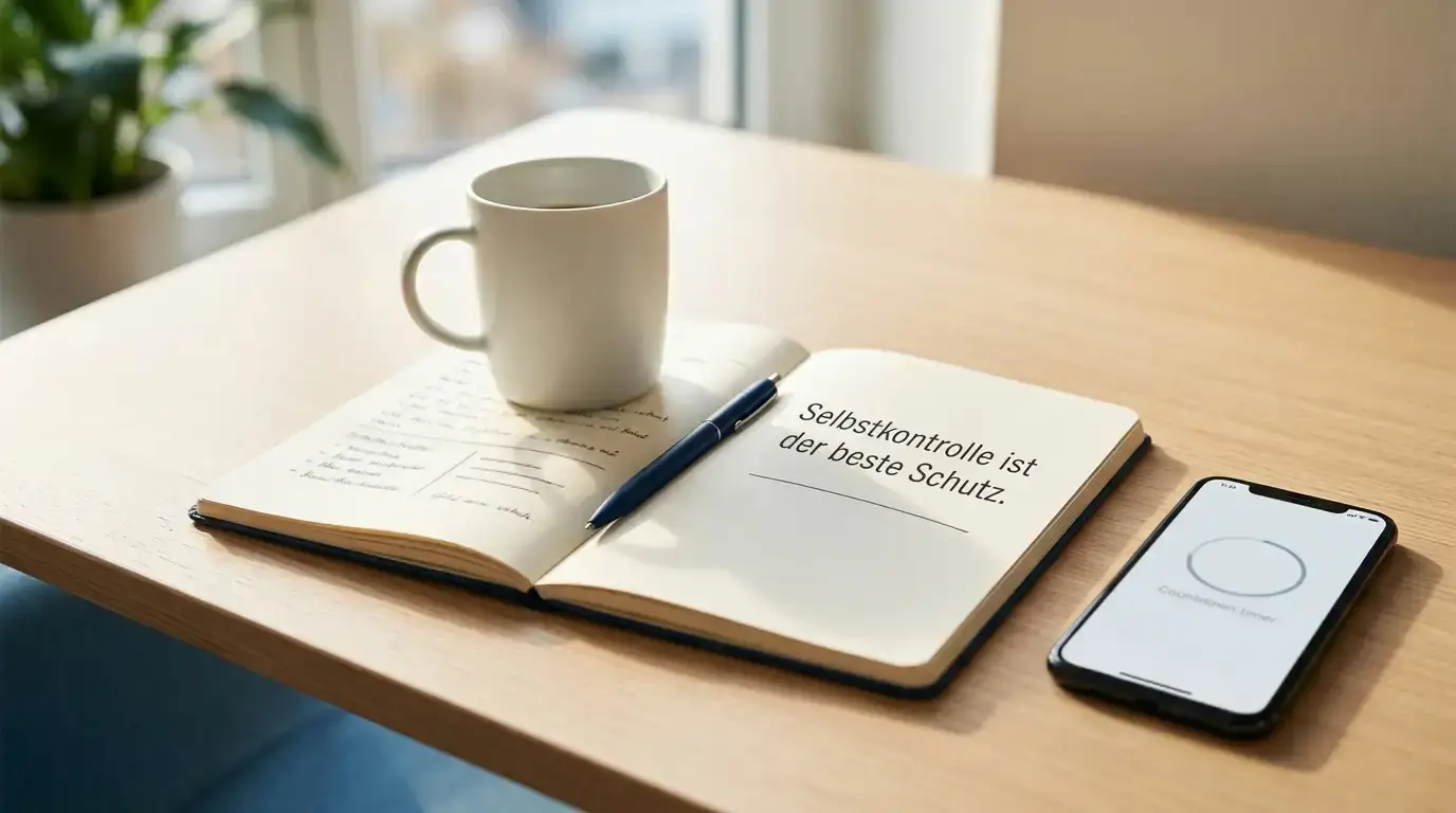 Notizblock mit handschriftlichem Selbstlimit-Plan, Smartphone mit Timer, Kaffeetasse auf ruhigem Schreibtisch